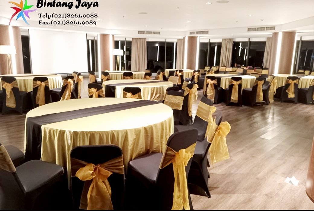 Sewa meja bulat cover hitam toping gold luxury Depok Jawa barat