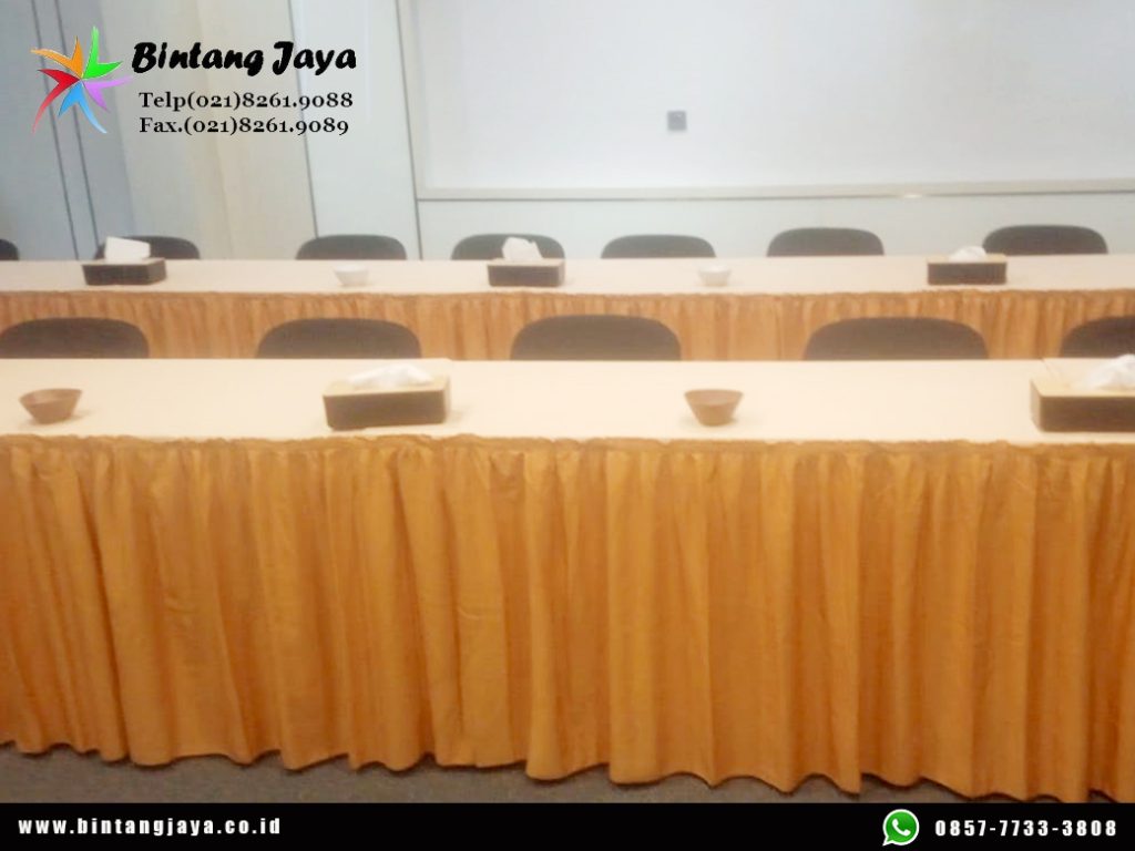 Rental Meja Kotak 120x60cm Cover Gold Casablanca Jakarta