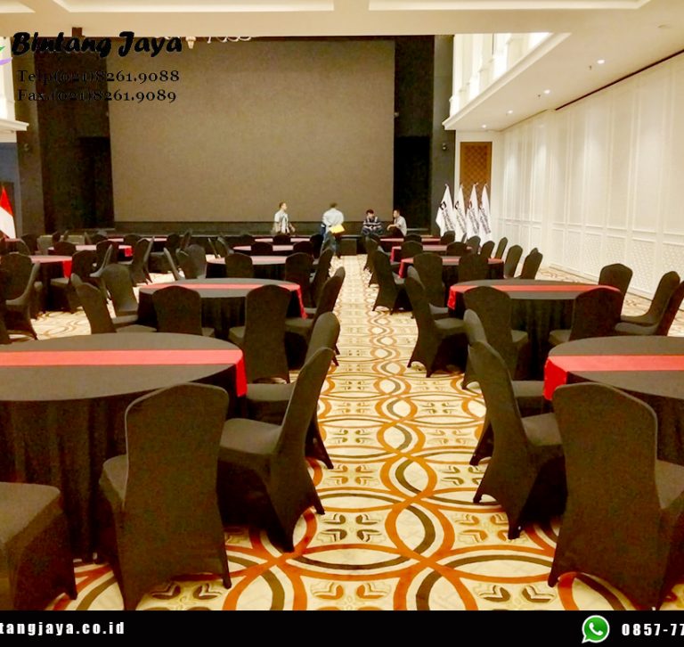 Rental Round Table Dan kursi Cover Hitam Runner Merah Jakarta
