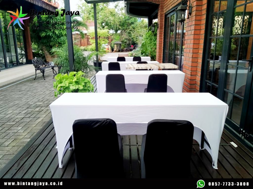 Sewa Meja Kotak IBM 45x180cm Cover Ketat Putih Jakarta