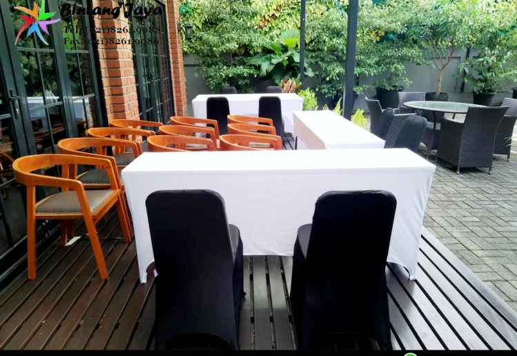 Sewa Meja Kotak IBM 45x180cm Cover Ketat Putih Jakarta