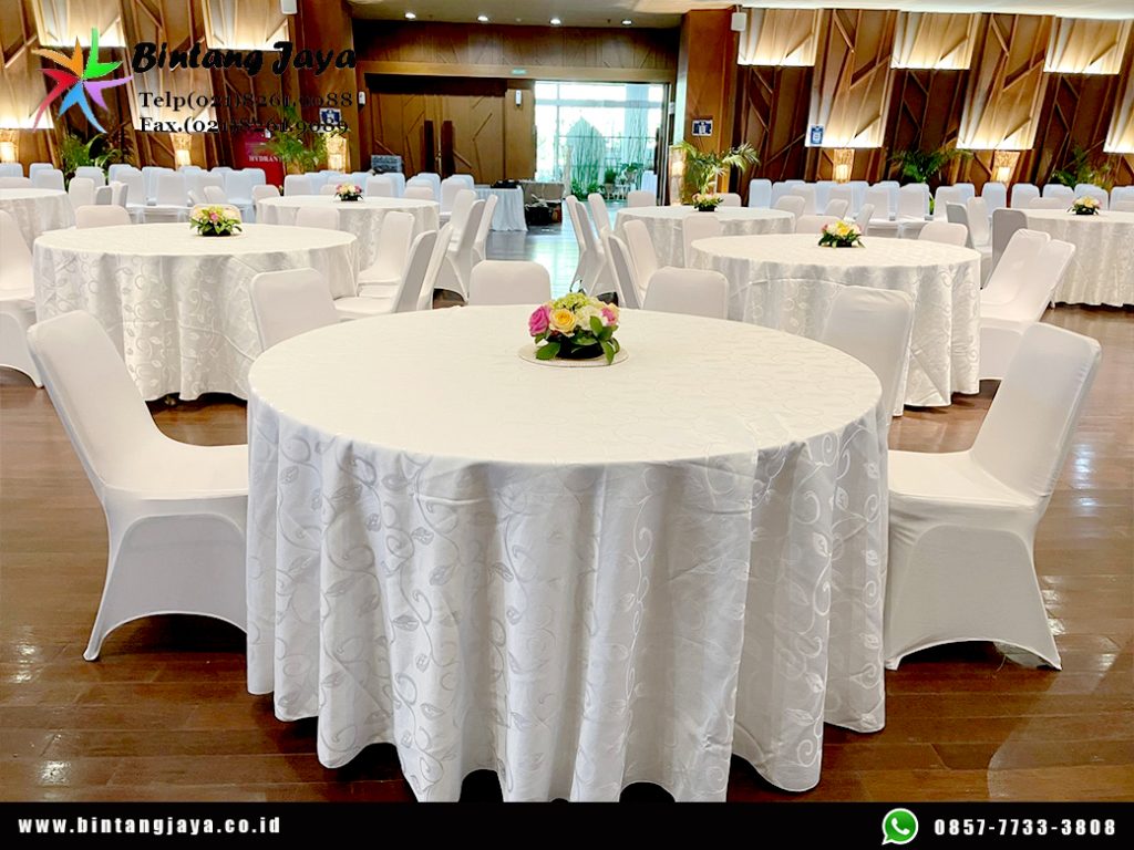 Sewa Round Table Plus Cover Putih Stok Banyak Area Jakarta