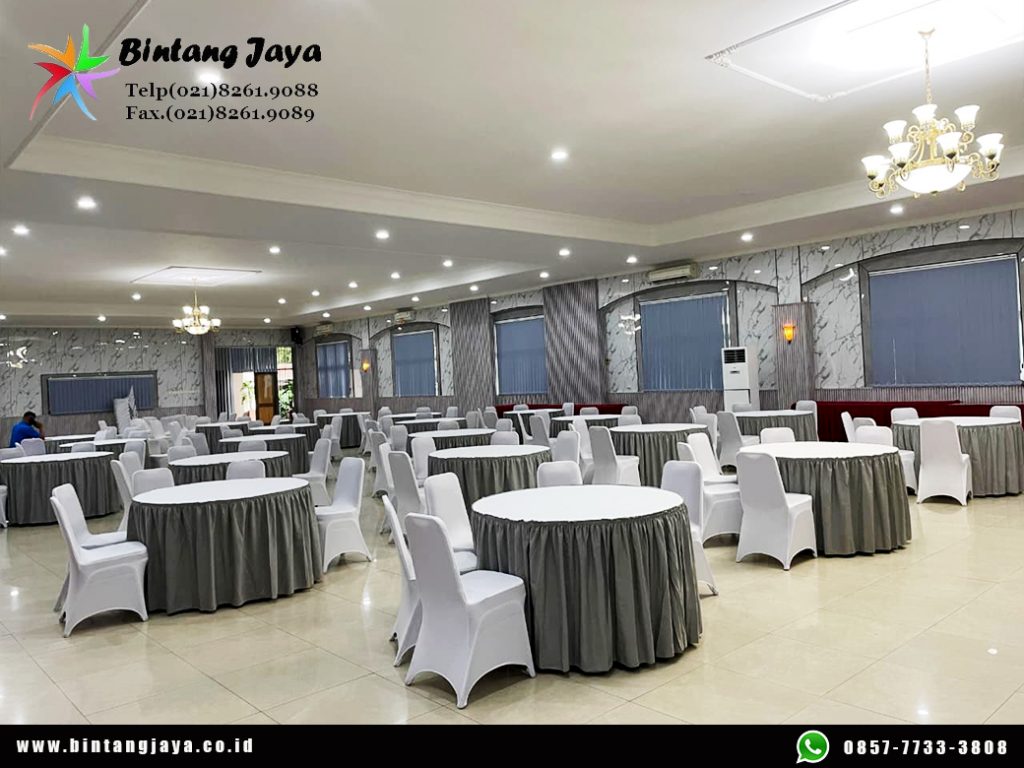 Rental Round Table Cover Abu-Abu dan Kursi Cover Putih Jakarta untuk Berbagai Acara