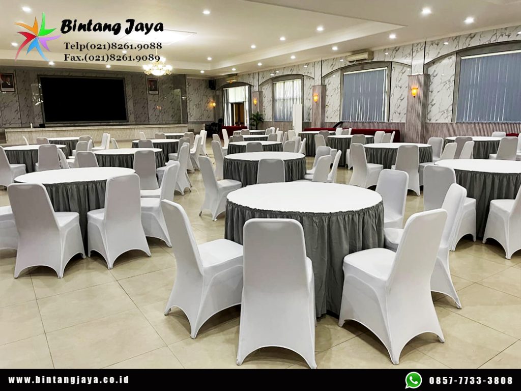 Rental Round Table Cover Abu-Abu dan Kursi Cover Putih Jakarta untuk Berbagai Acara
