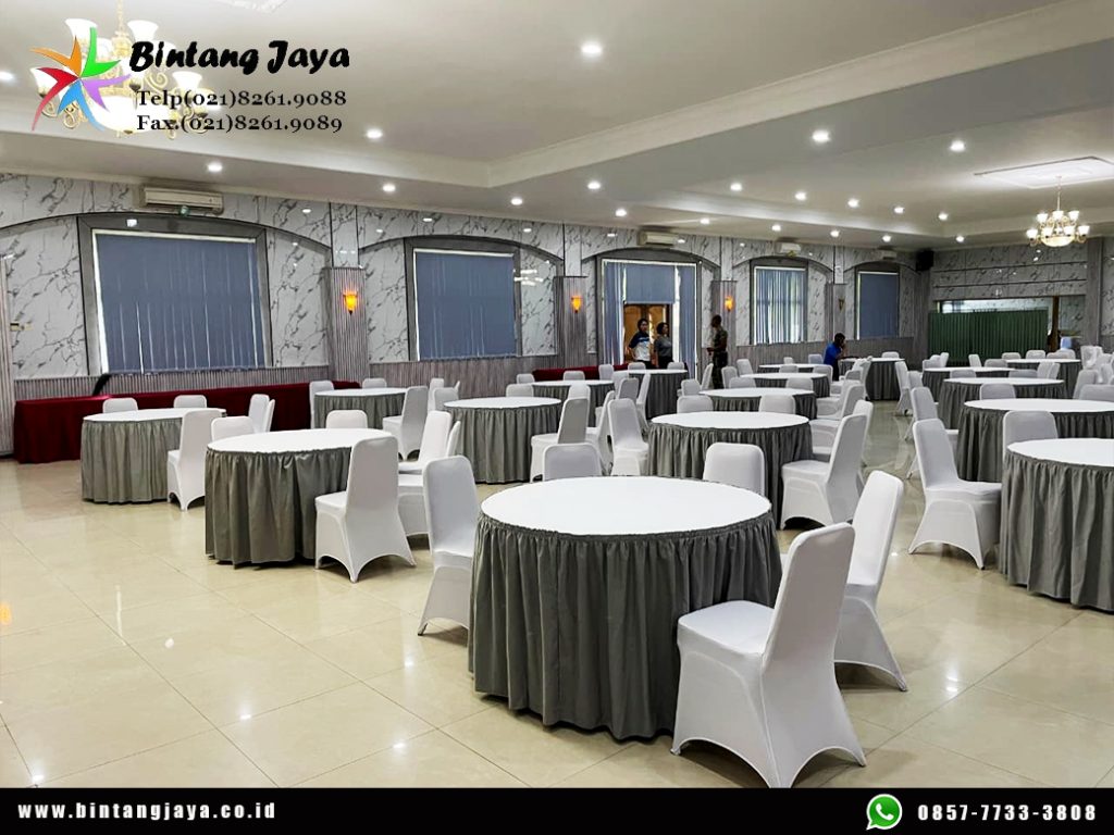 Rental Round Table Cover Abu-Abu dan Kursi Cover Putih Jakarta untuk Berbagai Acara