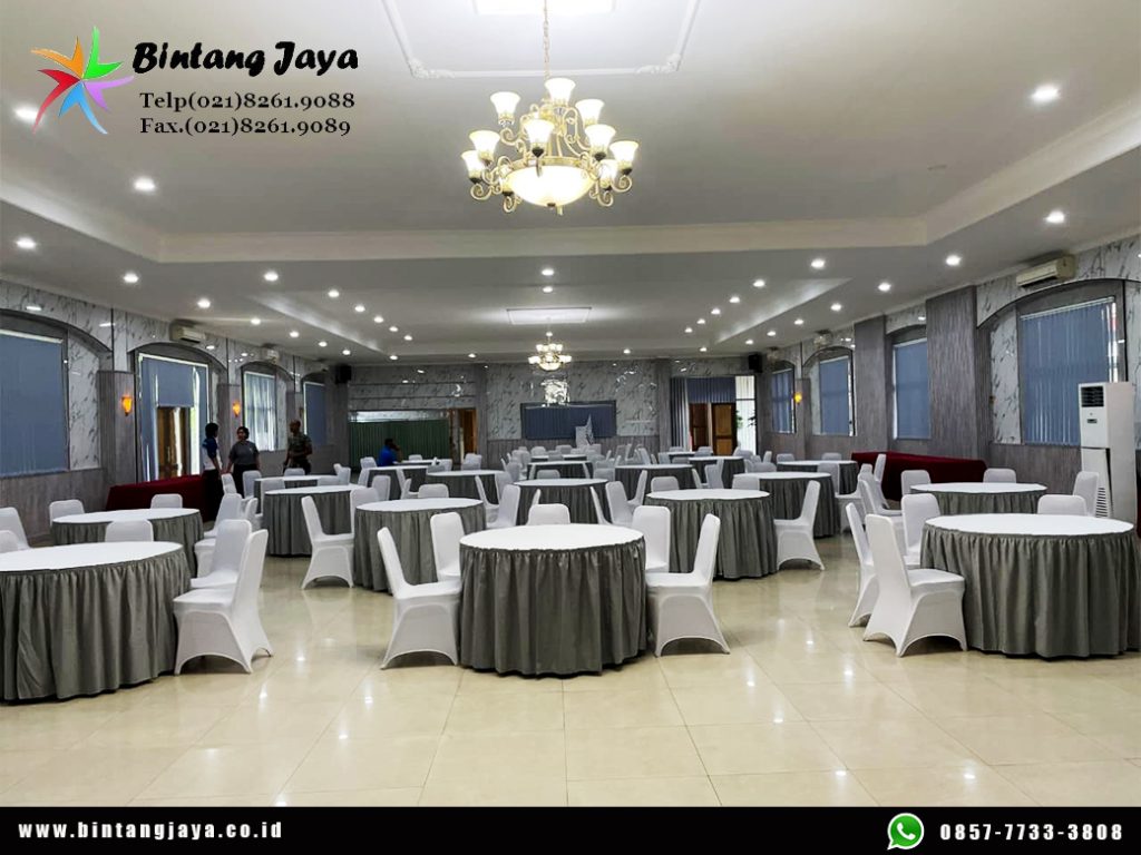 Rental Round Table Cover Abu-Abu dan Kursi Cover Putih Jakarta untuk Berbagai Acara