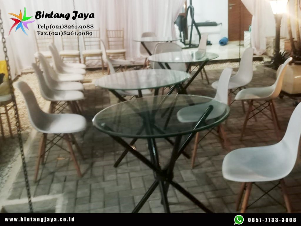 Rental Meja Dealing Kaca, Meja Bulat, Kursi Scramble, Kursi Futura Jakarta