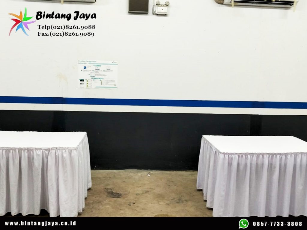 Sewa Meja Kotak Taplak Biru Putih Jakarta 087885377555