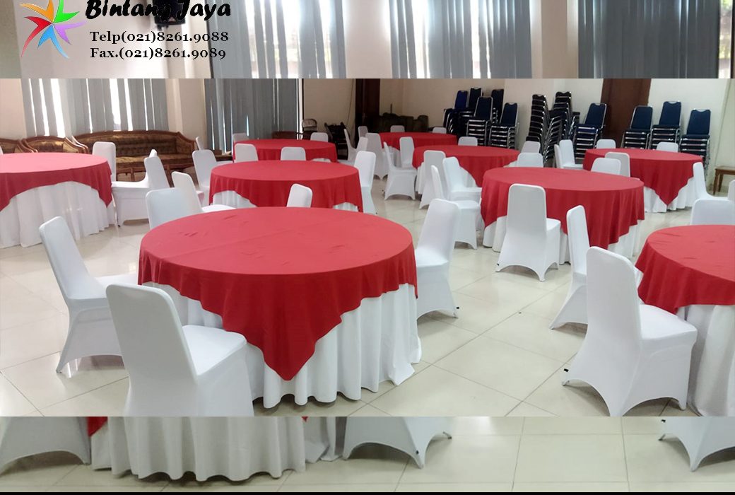 Sewa Meja Bundar Dan Kotak Cover Merah Putih Jakarta