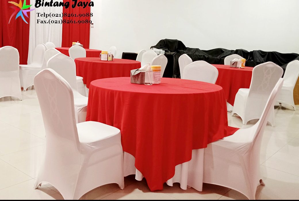 Sewa Meja Bundar Cover Tebar Marun Area Jakarta