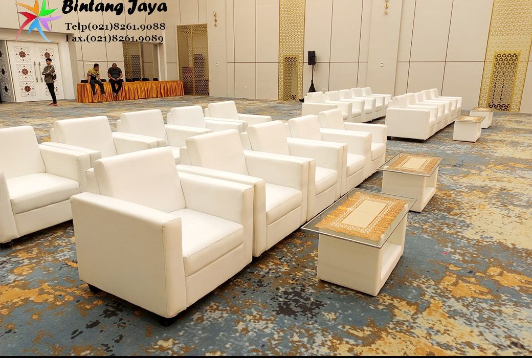 Rental Sofa Type Kotak Minimalis Putih Set Meja Vip Kaca di Jakarta