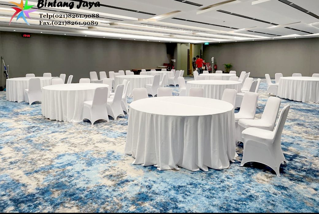 Rental Round Table Dan Kursi Cover Putih Bandung