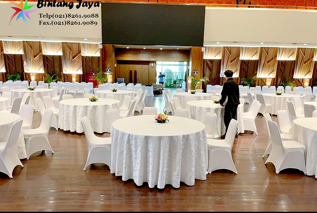 Sewa Round Table Plus Cover Putih Stok Banyak Area Jakarta