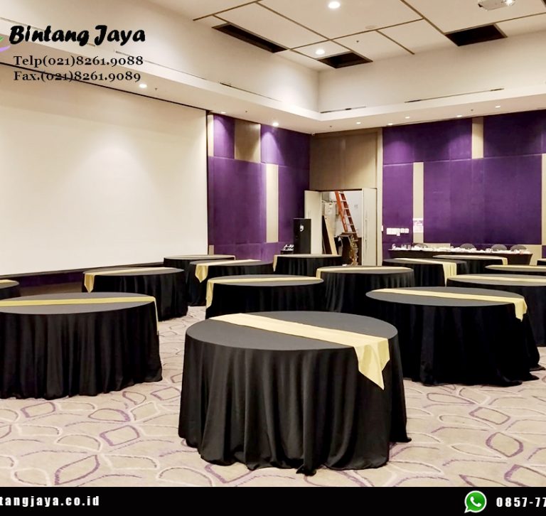 Sewa Meja Bulat Taplak Hitam Runner Gold Bogor
