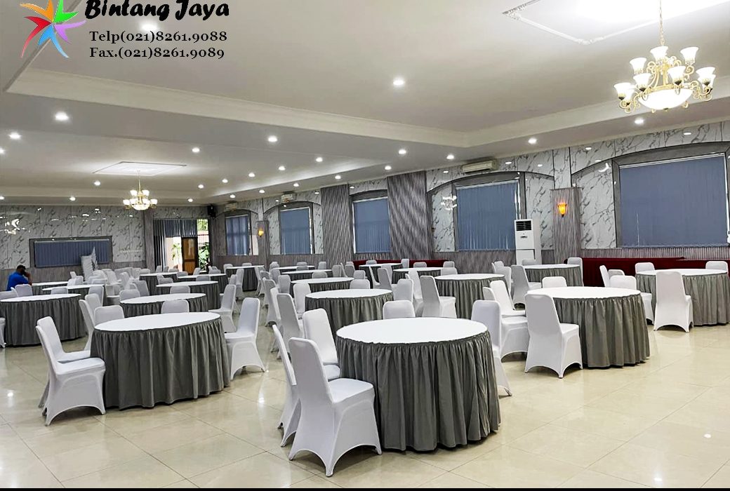 Rental Round Table Cover Abu-Abu dan Kursi Cover Putih Jakarta untuk Berbagai Acara