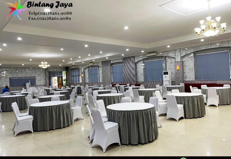 Rental Round Table Cover Abu-Abu dan Kursi Cover Putih Jakarta untuk Berbagai Acara