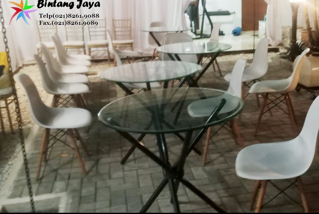 Rental Meja Dealing Kaca, Meja Bulat, Kursi Scramble, Kursi Futura Jakarta