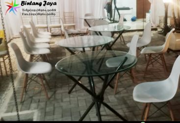 Rental Meja Dealing Kaca, Meja Bulat, Kursi Scramble, Kursi Futura Jakarta