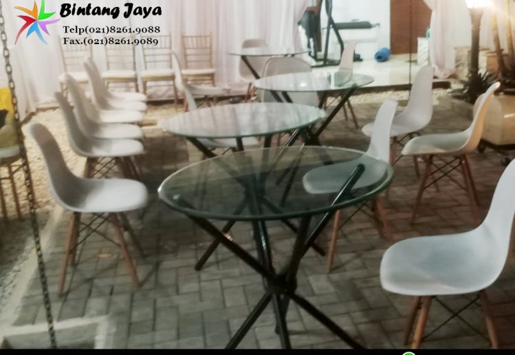 Rental Meja Dealing Kaca, Meja Bulat, Kursi Scramble, Kursi Futura Jakarta